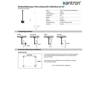 Deckenhalterung 119cm schwarz fr 2 Monitore 22-42, Xantron PRO-CMS-D200B
