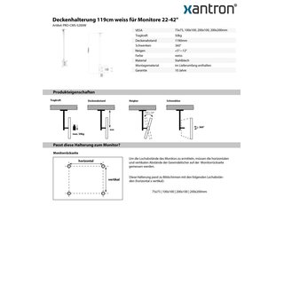 Deckenhalterung 119cm weiss fr Monitore 22-42, Xantron PRO-CMS-S200W