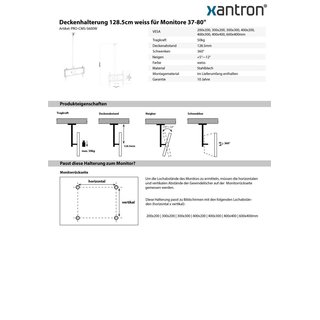 Deckenhalterung 128.5cm weiss fr Monitore 37-80, Xantron PRO-CMS-S600W