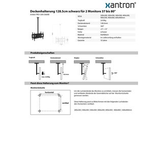 Deckenhalterung 128.5cm schwarz fr 2 Monitore 37 bis 80, Xantron PRO-CMS-D600B